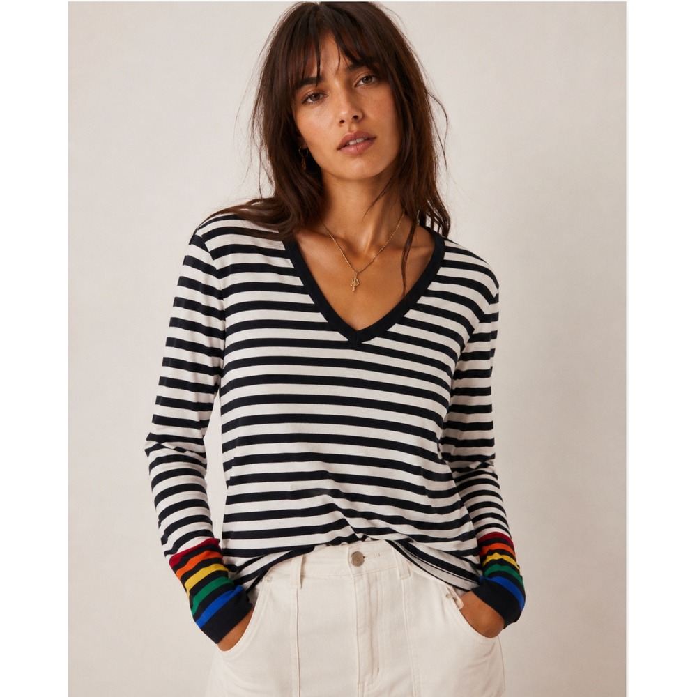 Tommy Hilfiger‎ Striped Top Womens Medium Navy Blue White Rainbow Cuff V-Neck